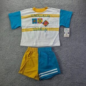 Buster Brown Vintage Kids 6 Primitive Wildlife Shorts Set Color Block 90s NWT